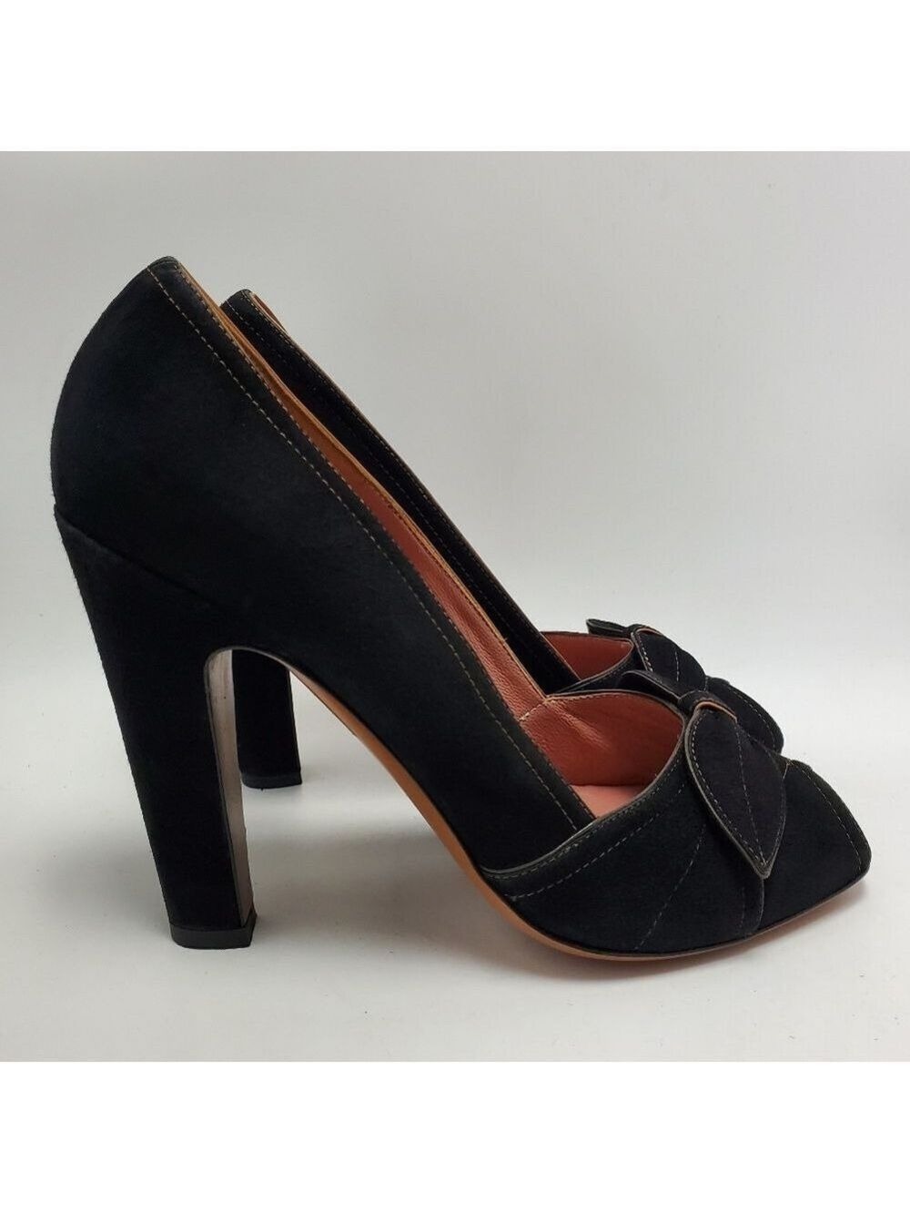 Alaia Calzature Suede Crepe Leather Bow Accent Peep Toe Heels Pump Black Size 38